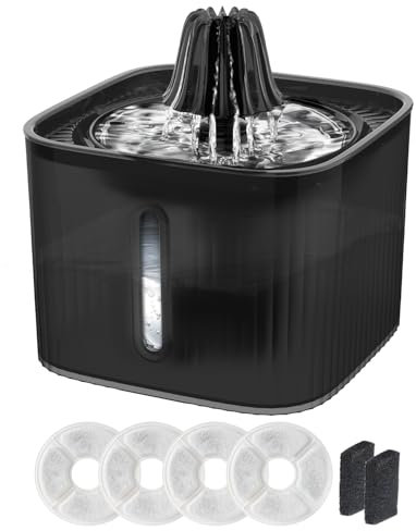E-SMARTER Cat Water Fountain for Drinking, 2.5L Cat Fountain with 4x Activated Carbon Filters & 2x Sponges, Visible Water Level, Pet Water Fountain for Multiple Pets, Translucent Black