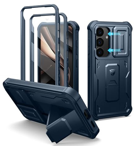 Dexnor Kompatibel mit Samsung Galaxy S25 Hülle mit Eingebaute Schiebekamera Abdeckung&Displayschutz&Kickstand, Schwerlast Stoßfestes Robustes Ganzkörper Stoßfänger Handyhülle - Marineblau