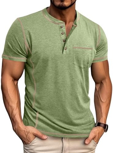 LAOARA Men's T-Shirts Henley Tee Shirts for Men Short Sleeve Grandad Summer Button Casual Pocket Tops Green XL