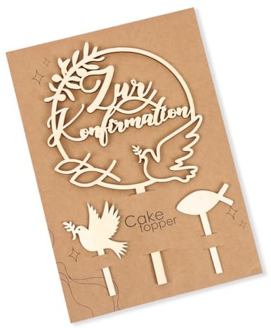 Augesak Tortendeko zur Konfirmation, Holz Cake Topper mit Taube, Fisch & Girlanden, 1 Stück, 28 x 17.2 cm, Dicke 4 mm