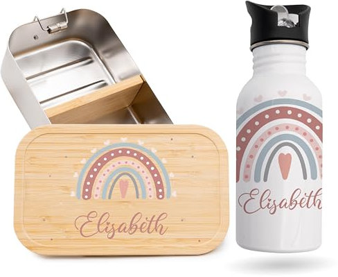 Kidsmood - Personalisiertes Trinkflasche & Brotdose Set, Edelstahl Brotdose Kinder mit Fächern & Trinkflasche Kinder Personalisiert mit Namen – Geschenk zur Einschulung Junge & Schultüte Mädchen
