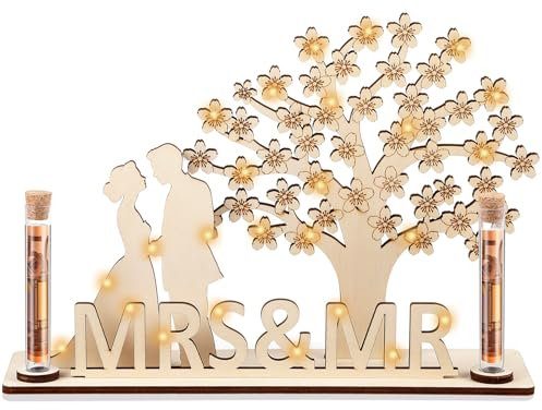Fiada Cadeau d'Argent de Mariage Arbre à Argent en Bois MRS&MR avec Guirlande Lumineuse LED 2 Tubes à Essai Décoration d'Arbre en Bois Cadeau de Jeunes Mariés pour Amis Famille