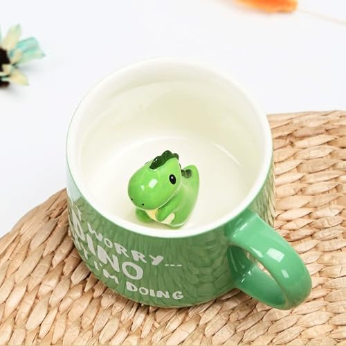 Komoke Dinosaurier 3D Tasse, Niedliche Dino-Kaffeetasse mit 3D-Effekt, 350ml Keramikbecher für Kinder, Freunde und Familie, Lustige Geschenkidee mit Dinosaurier im Inneren