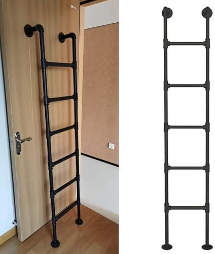 Heavy Duty Black Metal Wall Mounted Attic Loft Ladder for Dorm Library Warehouse Deck RV Boat 330LBS Load Capacity 290cm/114in