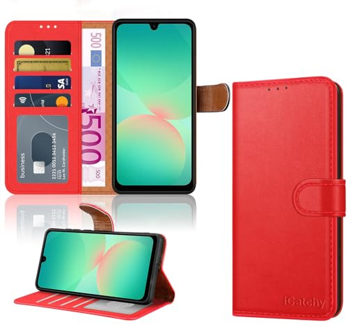 iCatchy for Samsung Galaxy A26 Case Leather Wallet Flip Book Cover with 4 Card Slots, Magnetic Closure, Kickstand Shockproof Protection Compatible with Samsung A26 (Red)