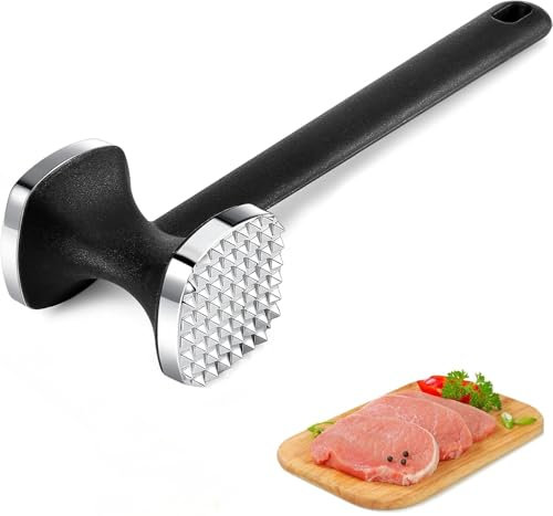 Heanvmyss Fleischklopfer Edelstahl,Fleischklopfer Hammer,Doppelseitig Antihaft Schnitzelklopfer,Zartmacherhammer mit Rutschfestem Griff für Steak,Schnitzel,Rindfleisch,Huhn(Silber)