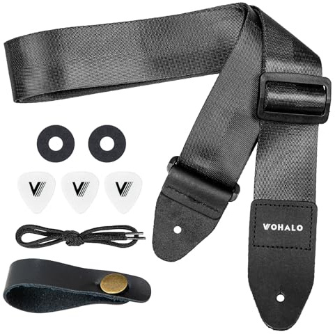 VOHALO Gitarrengurt für Akustik- & E-Gitarren | Extra gepolsterte Schulterauflage Vintage Blumenmuster 100-150cm verstellbar inkl. Plektren & Zubehör (Schwarz)