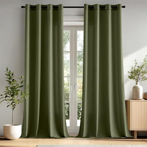 MIULEE Voile Gardinen mit ösen Vorhänge Halbtransparent Stores Vorhang Transparente ösenschal Wohnzimmer Schlaufenschal 2er Set 140x260cm Olivgrün