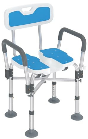 VANCHEMO Sedia da doccia regolabile in altezza con scollo igienico, con schienale, braccioli portata fino a 180 kg, con piedini antiscivolo, sedile doccia, sedia da bagno per anziani, tipo N