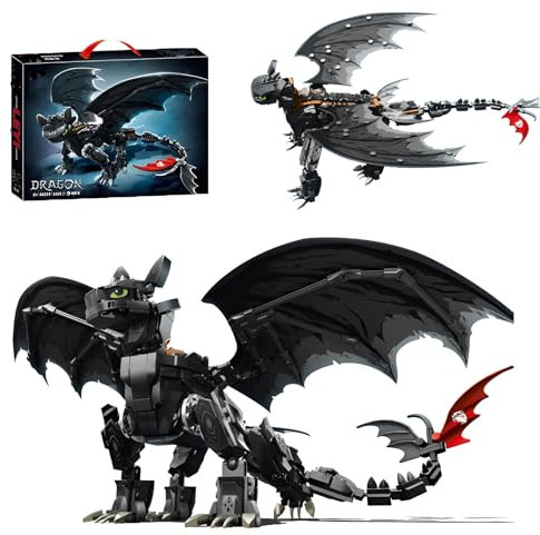 Night Black Zahnloser Drachen Bausteine Bausatz, 1026Stück Kreative Film Bestien Tier Modell Spielzeug, Drogen Enthusiast Klemmbausteine Kit, Ideen Geschenke für Kinder Erwachsene und Büro Haus Decker