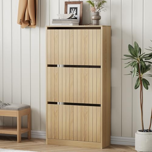 Semiocthome 3 Tier Drawer Shoe Cabinet, 113×60×24cm Wooden Shoe Storage Cabinet, Artistic Storage Cupboard for Hallway and Indoor Use