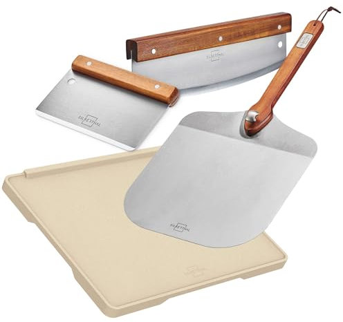 SILBERTHAL Pizza Set Deluxe 4 teilig - Pizzaschieber Edelstahl mit Pizzastein & Pizzamesser 32cm - Edles Akazienholz Griff