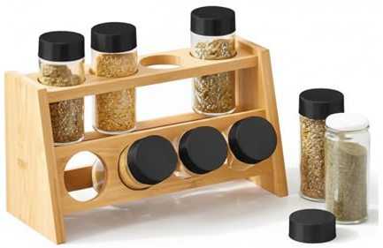 DAMOEX Especiero de Bambú con 6 Tarros de Cristal Herméticos | Organizador de Especias de Cocina para Encimera y Despensa | Soporte de Madera Natural Compacto y Moderno