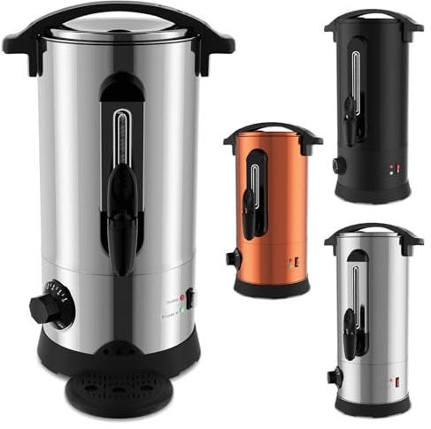 Eikuavons Glühweinkocher 8L Edelstahl | 1500W Heißgetränkespender mit Thermostat 30–110°C, Wasserstandsanzeige, Warmhaltefunktion & Auslaufhahn | Heißwasser- & Punschkocher, Silber