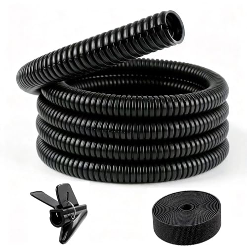 Cable Tidy Sleeve Black Flexible Cable Protector Tube Trunking Split Corrugated Wire Tube for Car, Garden and office, Provides cable protection for dogs and cats from pet chewing (Black, 25mm x 6m)