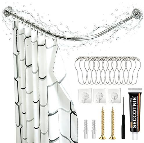 Holoras Winkelduschstange I Form Ohne Bohren mit Haken, verstellbar 90-130 cm, Duschvorhangstange Ecke, Duschvorhangstange Badewanne, Wasserdicht und Rostfrei, Inklusive 12 Ringen（Edelstahl）