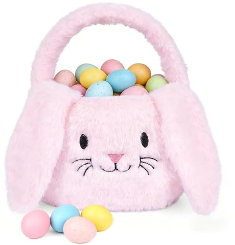 Foldable Plush Easter Bunny Basket Handle, Storage for Eggs,Candies & Gifts