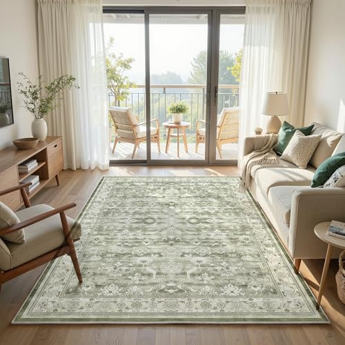 Klyvvo Boho Retro Wohnzimmer Teppich 140x200 cm, Kurzflor Teppich mit Blumenmuster, 1200g/m³ Polyester Maschinwaschbar mit Rutschfester TPE-Unterlage für Schlafzimmer, Esszimmer, Küche, läufer, Grün