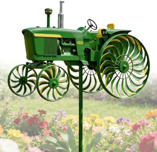 Garden Tractor Wind Spinner, Green Tractor Windmill Stake Decor with Rotating, Yard Ground Stake Windmill for Front Yard Porch Backyard Lawn Flower Bed Holiday Housewarming 2D (1 PC)
