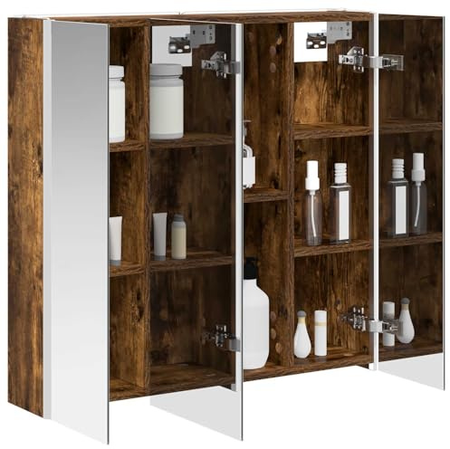 vidaXL Badezimmerspiegelschrank Geräucherte Eiche 73,5 x 15,5 x 70 cm, Stylischer Badezimmeroberfläche, Wandspiegel, Cooles Stauraum, Moderne Vanity, anpassbare Beleuchtung, Platz sparen