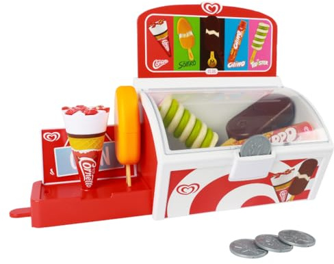 Congelador Oficial de Helados Frigo Casdon para Juego de Tienda. Incluye Puesto desplegable, Monedas y 5 Helados Frigo de Juguete. Apto para niños Desde 2 años