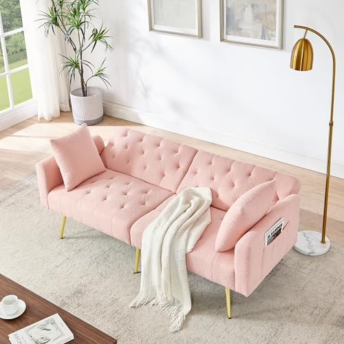 Ball & Cast Klappsofa, Mini Sofa mit Schlaffunktion, Schlafsofa Klein aus Teddy-Stoff, 3-Fach verstellbare Winkel, Ideal für Wohnungen und Wohnzimmer, Rosa