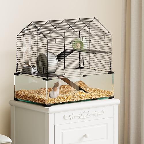 Hamsterkäfig für Zwerghamster, 3-stufiges Kleintierkäfig mit Glasboden, Hütte, Nagerkäfig mit Laufrad, Rampen, Zwerghamsterkäfig mit Futterschale, 58x39x54 cm, Schwarz