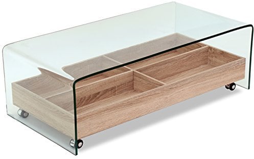 DRW - Mesa de Centro de Cristal con cajón de Madera con Ruedas en Color Transparente y Beige