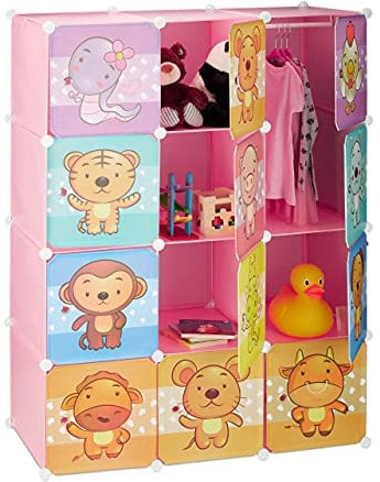 Relaxdays Steckregal Kinderzimmer, Tiermotive, Mädchen, Türen, Kleiderstangen, Kunststoff Kleiderschrank 145x110cm, rosa