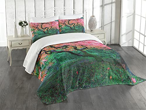 ABAKUHAUS japanisch Tagesdecke Set, Red Leaf Maple in Garten, Set mit Kissenbezügen Romantischer Stil, für Doppelbetten 264 x 220 cm, Grün