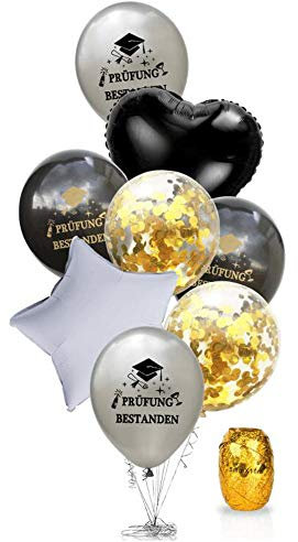 Oblique Unique Konfetti Folien Luftballon Set Prüfung bestanden für Schulabschluss Abi Abitur Studium Führerschein Abschluss + Herz Stern Ballon - Silber Schwarz Gold Weiß