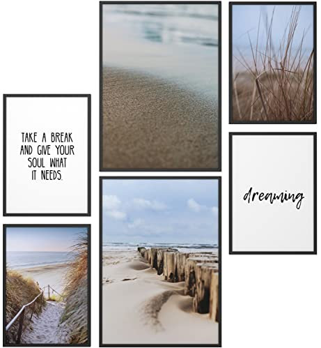 Papierschmiede® Mood Poster Set Beach Walk, Gerahmte Bilder (Rahmen: Material und Farbe wählbar), Wohnzimmer Deko Schlafzimmer, 2x DIN A4 und 4x DIN A5, Dünen Meer Strand Schilf