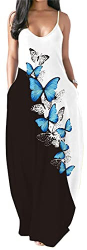 PADOLA Robe Femme Chic et Élégante Bohème Avec Poche Bretelles Spaghetti Maxi Floral de Plage Longue Été Décontractée Vintage Grande Taille Sans Manche (3 Papillon Bleu, L)