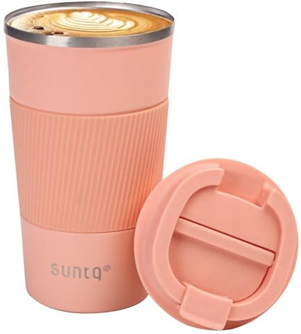 SUNTQ Kaffeebecher to go Thermo aus Edelstahl - Thermobecher mit Gummierte Manschette Doppelwand Isoliert - Kaffeetasse mit Auslaufsicherem Deckel Wiederverwendbar 510ml Koral Rosa