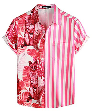 VATPAVE Herren Flamingo Hawaii Hemd Männer Freizeit Kurzarmhemd Sommer Strandhemd Festival X-Large Rosen Katze
