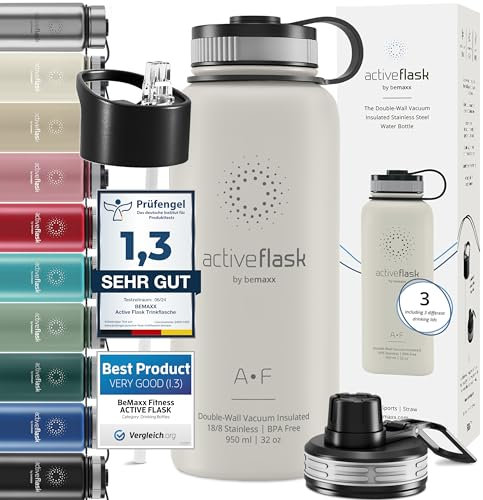 Gourde Inox Isotherme ACTIVE FLASK 1l/500ml sans BPA + Paille (3 Bouchons) | Bouteille d’eau Acier Inoxydable Isolée, Thermos Réutilisable | Camping Velo Sport Running Randonnée Enfant, Café The