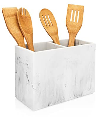 Essentra Home Matte White Marble Kitchen Utensil Holder for Counter Top, Utensil Crock (9 x 4.5 x 6.5 Rectangular)