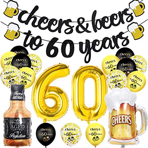 60th Birthday Decorations, 60th Birthday Decorations for Men Women, Black & Gold Cheer Banner, Number 60 Foil Balloons, Sign 60 Black and Gold Balloons