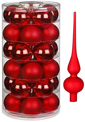 Inge Glas Weihnachtskugeln | 30 Kugeln & Spitze | Christbaumkugeln Baumspitze (Merry Red Spitze rot)