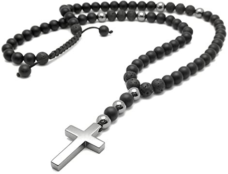 Onyx Matt Schwarz Halskette Y-kette Kreuz Hämatitstein Lavastein Rosenkranz Necklace Herren Damen Handmade/ALLA