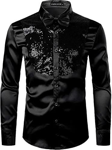 PARKLEES Herrenhemd aus glänzendem seidenähnlichem Satin, langärmelig, für Party, Disco, Abschlussball, L