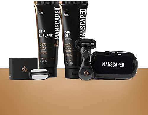 Das Ultra Smooth Package von MANSCAPED®, Intimrasur-Kit für Männer, beinhaltet The Crop Shaver® Intimrasierer, Ersatzklingen, Crop Gel® Rasiergel und Crop Exfoliator® Peeling für den Intimbereich