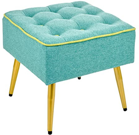 Baroni Home Gepolsterter Hocker aus Stoff, Quadratischer Hocker mit Beinen aus Naturholz, Fußstütze, Stuhl, 40x40x35 cm, Türkis, Grüner Rand