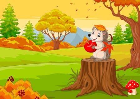 adrium Acryl-Bild 40 x 30 cm: Cartoon-Igel mit rotem Apfel im Herbstwald(129270454)