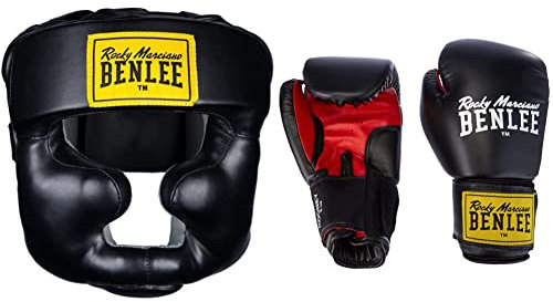 BENLEE Rocky Marciano Kopfschützer Full Protection, Schwarz, S/M & Boxhandschuhe Training Gloves Rodney, Schwarz/Rot, 12, 194007