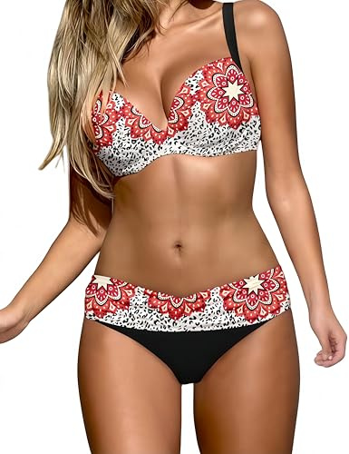 Ocean Plus Femmes Arc-en-Ciel Rayé Triangle Bikini Set Push Up avec Armatures Deux pièces Tankini Maillots de Bain (M (EU 36-38), Fleurs)