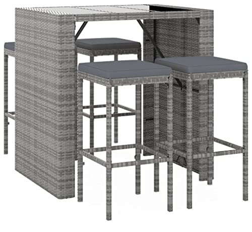vidaXL Gartenbar Set 5-TLG., Gartenmöbel Bartisch 4 Barstühle, Stehtisch Barhocker für Garten Terrasse, Sitzgruppe Gartenset mit Kissen, Grau Poly Rattan