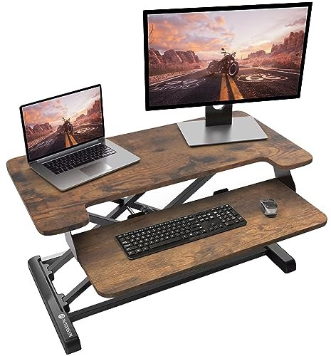 PUTORSEN Standing Desk Converter, 36 inch Height Adjustable Sit Stand Desk Converter, Ergonomic Sit Stand Dual Monitor and Laptop Riser Tabletop Workstation Rustic