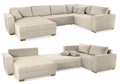 Modische Cord Wohnlandschaft U-Form 379 cm breit, Sofa mit Schlaffunktion und Bettkasten, Wellenunterfederung, spiegelverkehrt montierbar, Bezug Cordstoff in Beige Grau / 15200