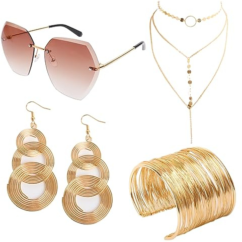 Fumwase 4 Stück 70er Jahre Disco Zubehör für Party Halloween Cosplay 70er Jahre Disco Kostüm Zubehör Set für Frauen mit luxuriösem Spulenarmband Disco Sonnenbrille dreilagiger Choker und Gold Disco